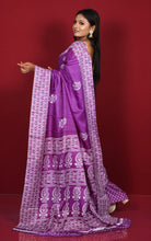 Printed Soft Semi Gicha Silk Saree in Dark Purple and Off White