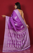 Printed Soft Semi Gicha Silk Saree in Dark Purple and Off White
