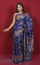 Printed Soft Semi Gicha Silk Saree in Navy Blue, Off White and Multicolored