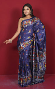 Printed Soft Semi Gicha Silk Saree in Navy Blue, Off White and Multicolored