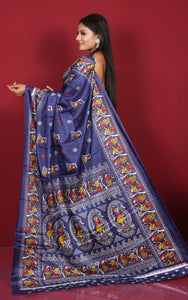 Printed Soft Semi Gicha Silk Saree in Navy Blue, Off White and Multicolored