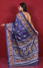 Printed Soft Semi Gicha Silk Saree in Navy Blue, Off White and Multicolored