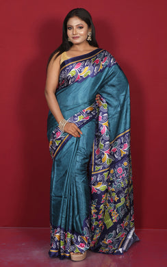 Printed Soft Semi Gicha Silk Saree in Gray Blue, Navy Blue, Off White and Multicolored