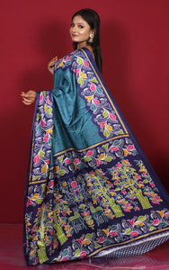 Printed Soft Semi Gicha Silk Saree in Gray Blue, Navy Blue, Off White and Multicolored