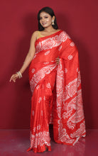 Printed Soft Semi Gicha Silk Saree in Red and Off White