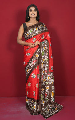 Printed Soft Semi Gicha Silk Saree in Red, Brown, Off White and Multicolored