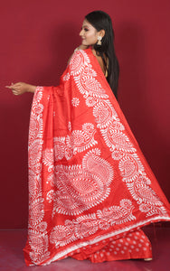 Printed Soft Semi Gicha Silk Saree in Red and Off White