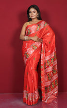 Printed Soft Semi Gicha Silk Saree in Sunset Orange, Off White and Multicolored