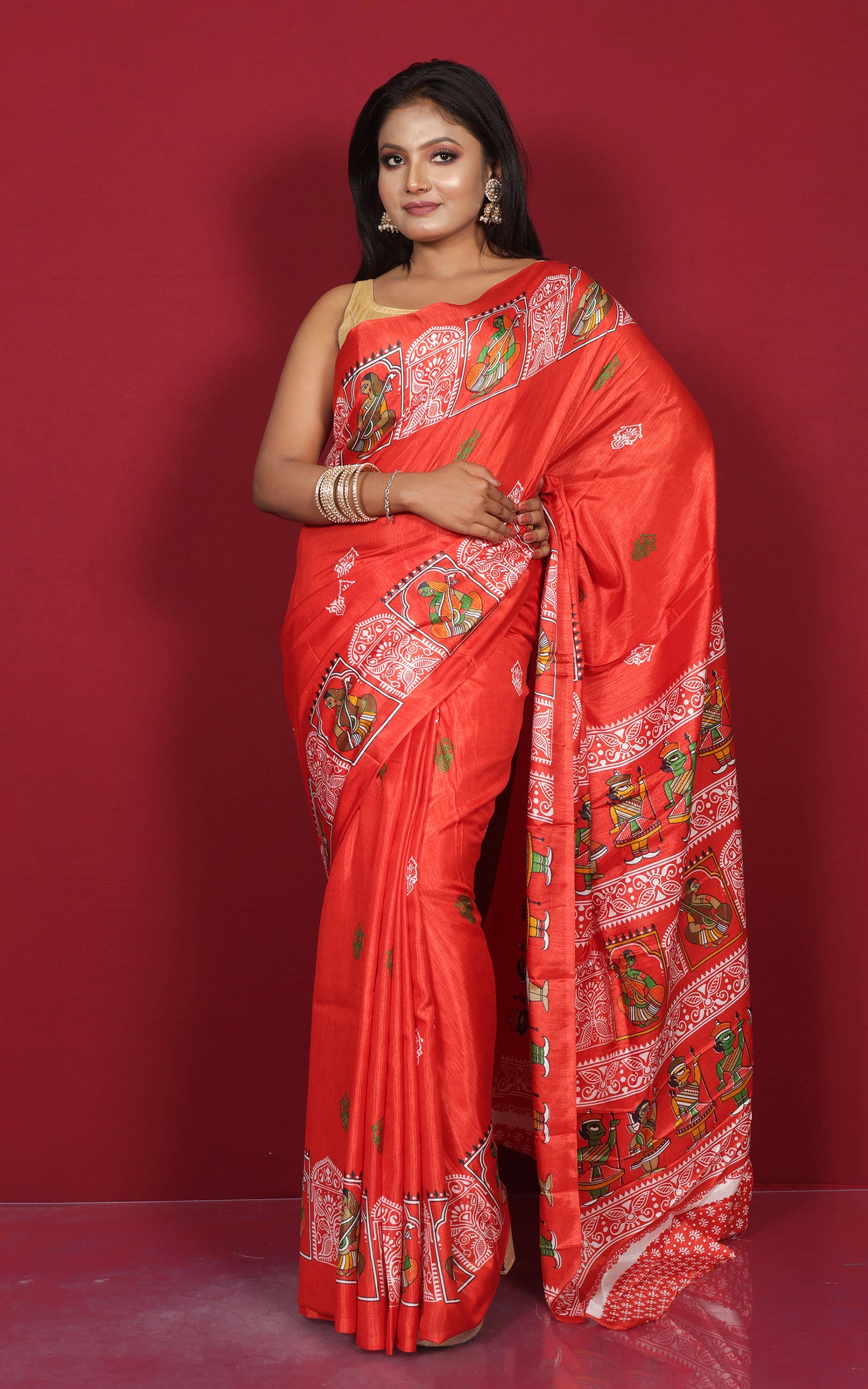 Printed Soft Semi Gicha Silk Saree in Sunset Orange, Off White and Multicolored