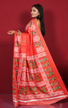 Printed Soft Semi Gicha Silk Saree in Sunset Orange, Off White and Multicolored