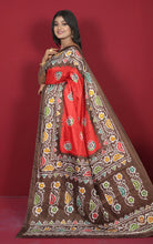 Printed Soft Semi Gicha Silk Saree in Red, Brown, Off White and Multicolored