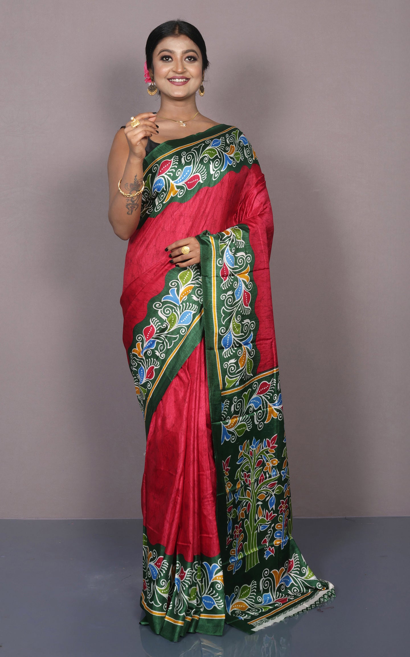 Printed Soft Semi Gicha Silk Saree in Red, Green and Multicolored