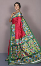 Printed Soft Semi Gicha Silk Saree in Red, Green and Multicolored