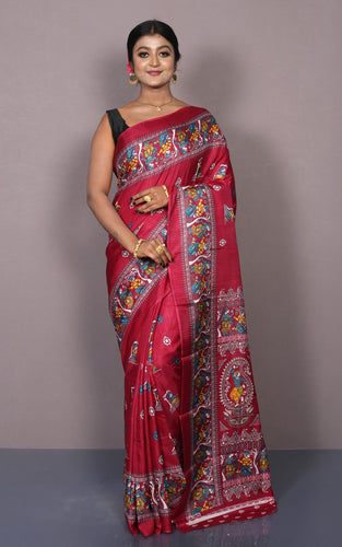 Printed Soft Semi Gicha Silk Saree in Dark Magenta, Off White and Multicolored