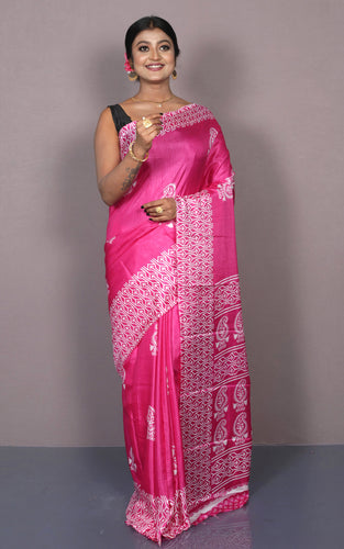 Printed Soft Semi Gicha Silk Saree in Brilliant Rose Pink and Off White