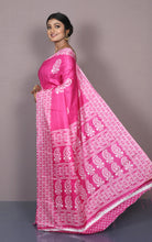 Printed Soft Semi Gicha Silk Saree in Brilliant Rose Pink and Off White