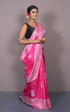 Printed Soft Semi Gicha Silk Saree in Brilliant Rose Pink and Off White