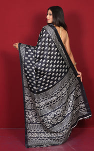 Printed Soft Semi Gicha Silk Saree in Black and Off White