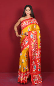Printed Soft Semi Gicha Silk Saree in Munsell Yellow, Red and Multicolored
