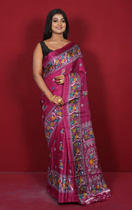 Printed Soft Semi Gicha Silk Saree in Magenta, Off White and Multicolored