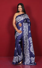 Printed Soft Semi Gicha Silk Saree in Midnight Blue and Off White