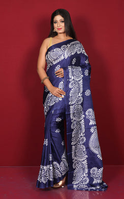 Printed Soft Semi Gicha Silk Saree in Midnight Blue and Off White