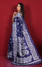 Printed Soft Semi Gicha Silk Saree in Midnight Blue and Off White