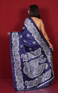 Printed Soft Semi Gicha Silk Saree in Midnight Blue and Off White