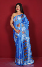 Printed Soft Semi Gicha Silk Saree in Cobalt Blue, Off White and Multicolored