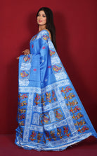 Printed Soft Semi Gicha Silk Saree in Cobalt Blue, Off White and Multicolored