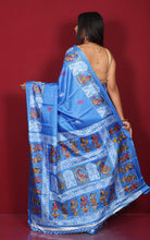 Printed Soft Semi Gicha Silk Saree in Cobalt Blue, Off White and Multicolored