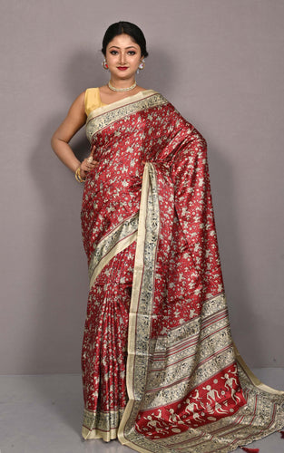 Printed Soft Semi Gicha Silk Saree in Brick Red, Black and Beige