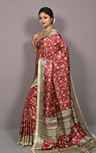 Printed Soft Semi Gicha Silk Saree in Brick Red, Black and Beige