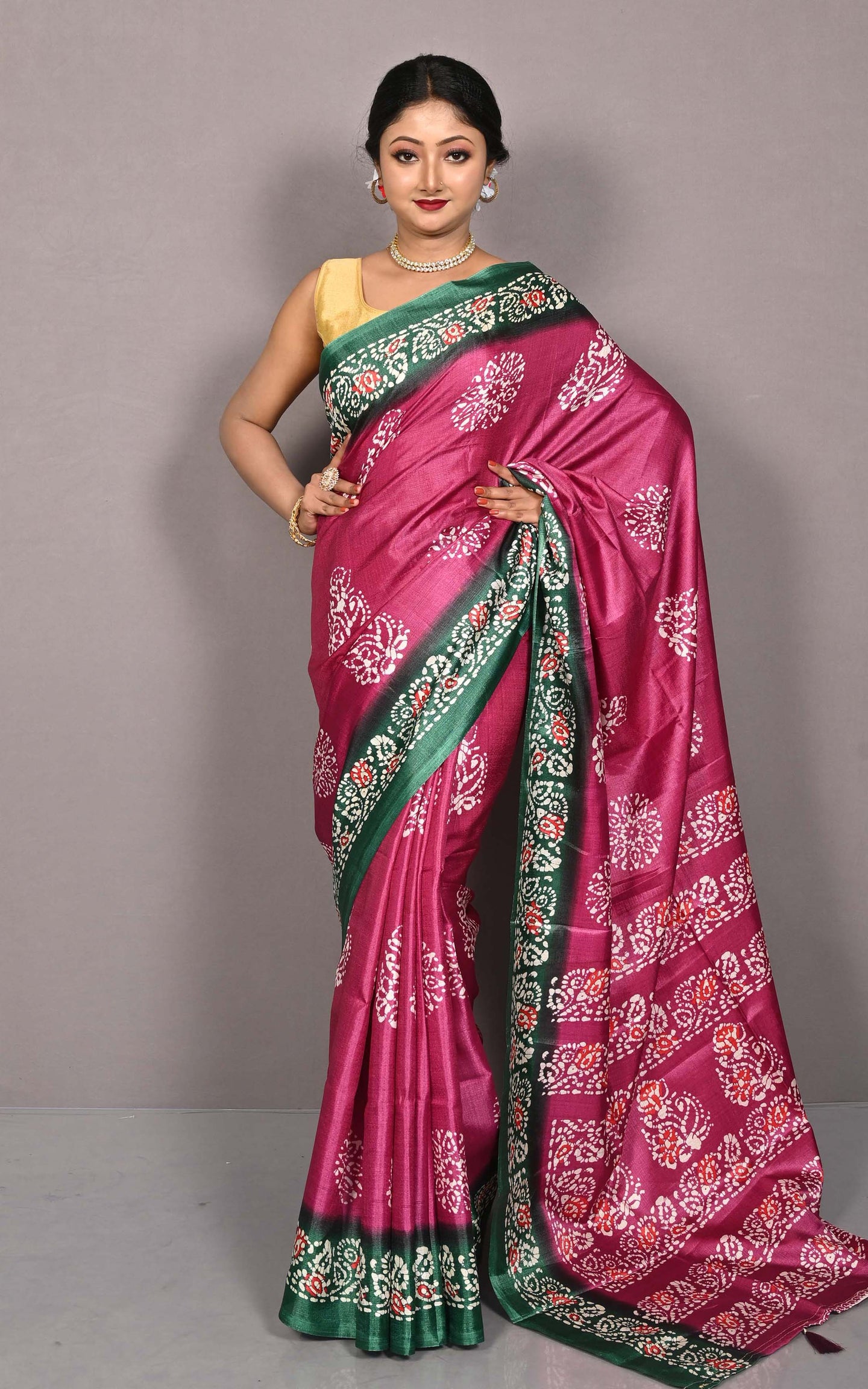 Printed Soft Semi Gicha Silk Saree in Cranberry, Patina Green and Multicolored