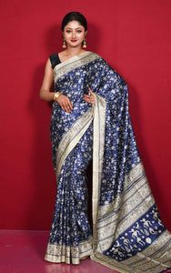 Printed Soft Semi Gicha Silk Saree in Midnight Blue, White Linen and Black