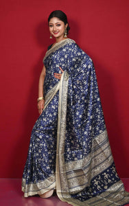 Printed Soft Semi Gicha Silk Saree in Midnight Blue, White Linen and Black