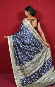 Printed Soft Semi Gicha Silk Saree in Midnight Blue, White Linen and Black