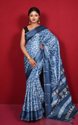 Printed Soft Semi Gicha Silk Saree in Polo Blue, Off White and Dark Blue