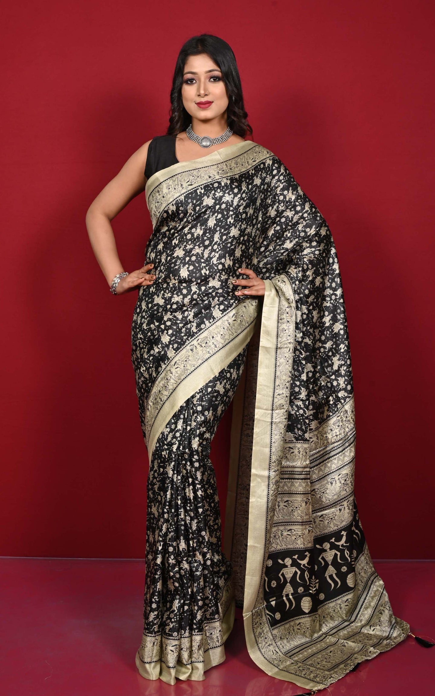 Printed Soft Semi Gicha Silk Saree in Black and Beige