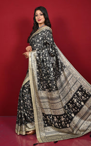 Printed Soft Semi Gicha Silk Saree in Black and Beige