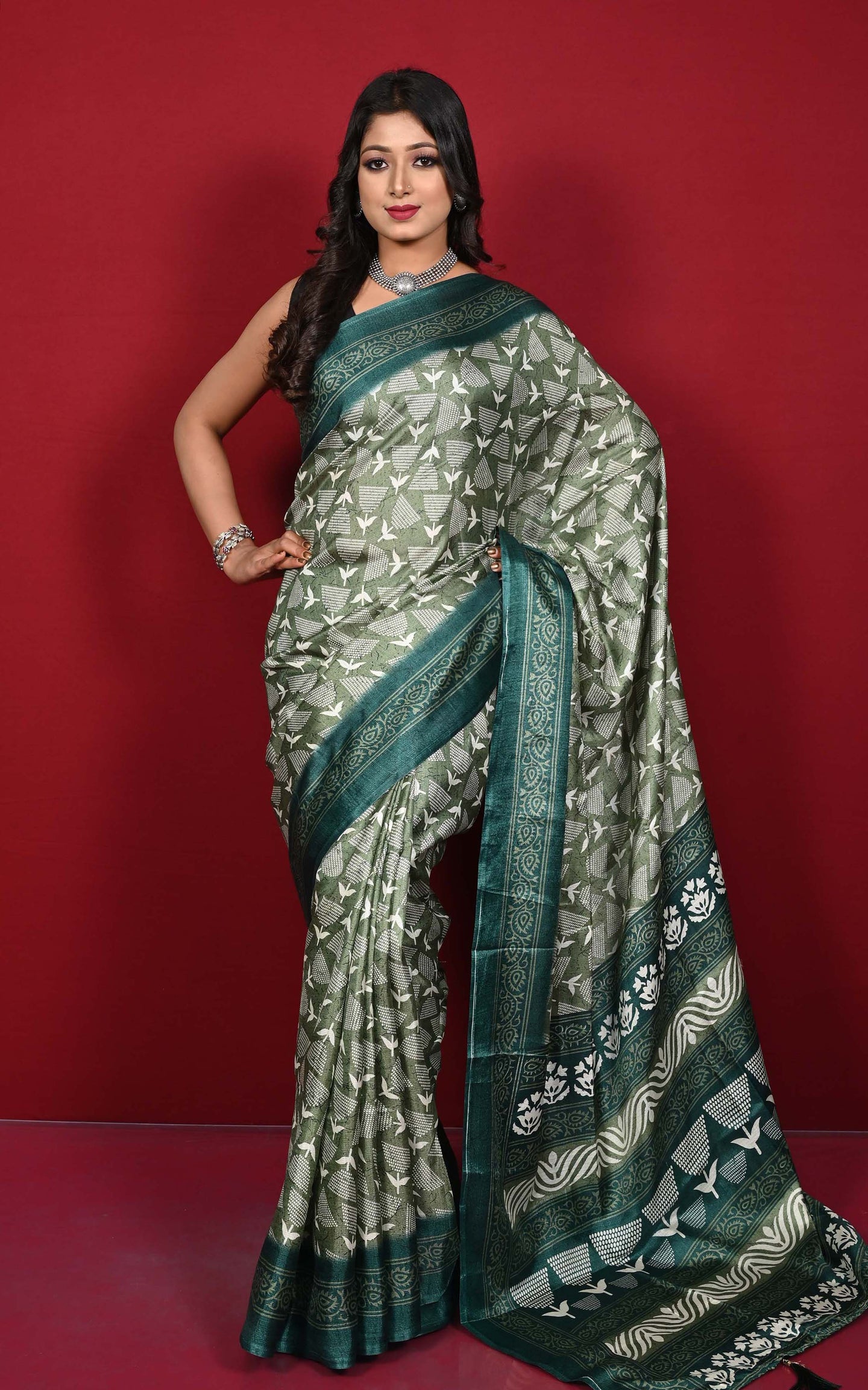 Printed Soft Semi Gicha Silk Saree in Basil Green and Off White