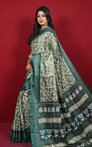 Printed Soft Semi Gicha Silk Saree in Basil Green and Off White