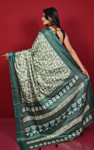 Printed Soft Semi Gicha Silk Saree in Basil Green and Off White