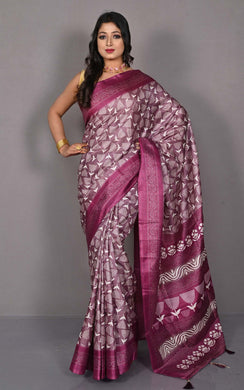 Printed Soft Semi Gicha Silk Saree in Twilight Lavender and Off White