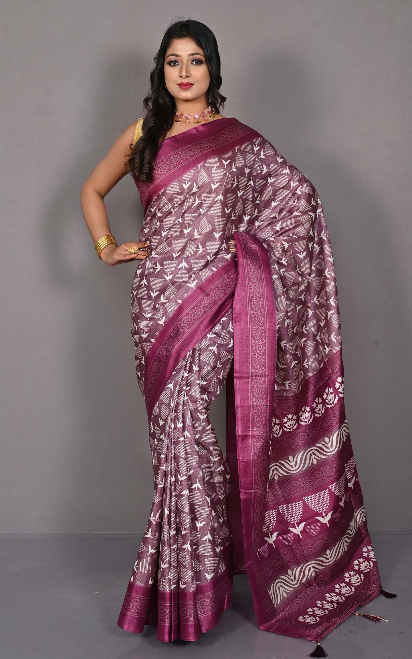 Printed Soft Semi Gicha Silk Saree in Twilight Lavender and Off White