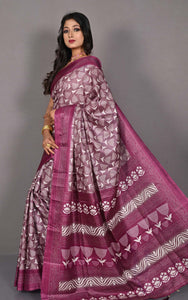 Printed Soft Semi Gicha Silk Saree in Twilight Lavender and Off White