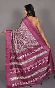 Printed Soft Semi Gicha Silk Saree in Twilight Lavender and Off White