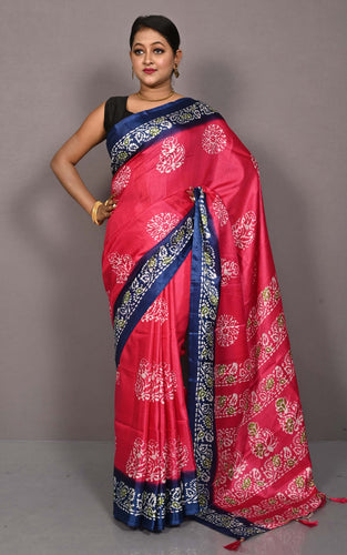 Printed Soft Semi Gicha Silk Saree in Wild Watermelon and Resolution Blue