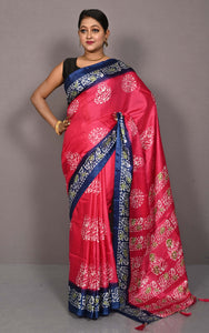 Printed Soft Semi Gicha Silk Saree in Wild Watermelon and Resolution Blue