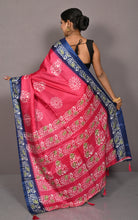 Printed Soft Semi Gicha Silk Saree in Wild Watermelon and Resolution Blue